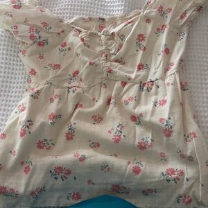 WonderWink Cream Floral Tie-Front Peasant Blouse with Pink Flowers